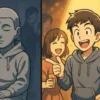 会話の隅で地蔵のように固まっていた口下手な男性が、ツッコミを身につけて輪の中心で人気者になっている様子のビフォーアフターを描いたイラスト。