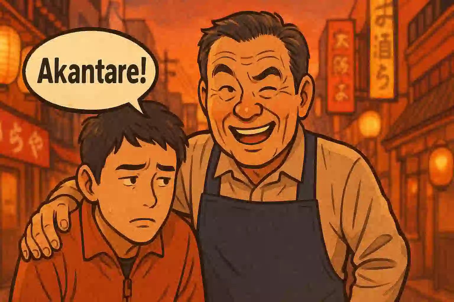 大阪の街並みを背景に、年配の男性が「あかんたれ！」と言いながらも、愛情深い表情で若者の肩を組んでいるイラスト。関西弁の裏にある温かい愛情を表現している。