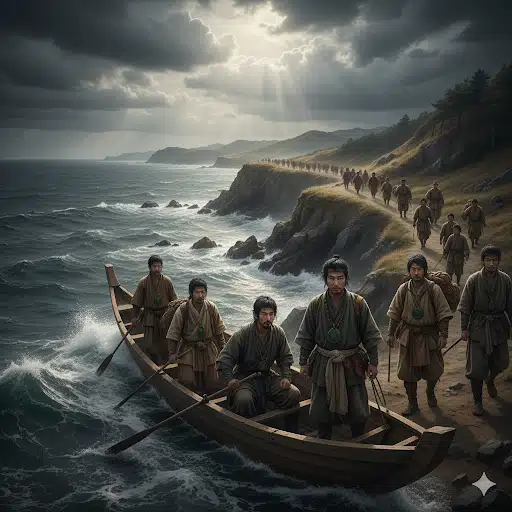 古代出雲族の移住説をイメージした画像。古代の衣装をまとった人々が、厳しい日本海の海岸線を旅している。壮大な歴史のロマンを感じさせる。