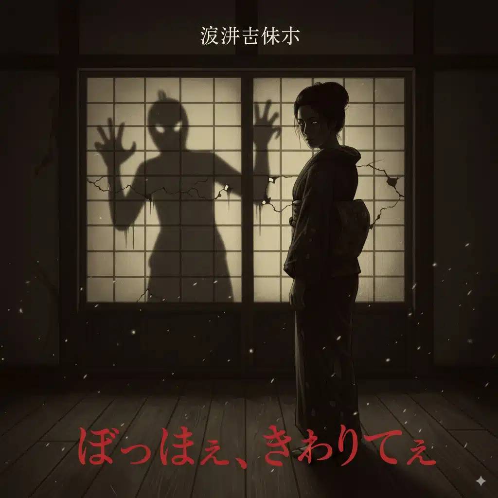 ホラー小説『ぼっけぇ、きょうてぇ』をイメージしたイラスト。明治時代の薄暗い和室に、不気味な表情を浮かべた和服の女性が立っている。