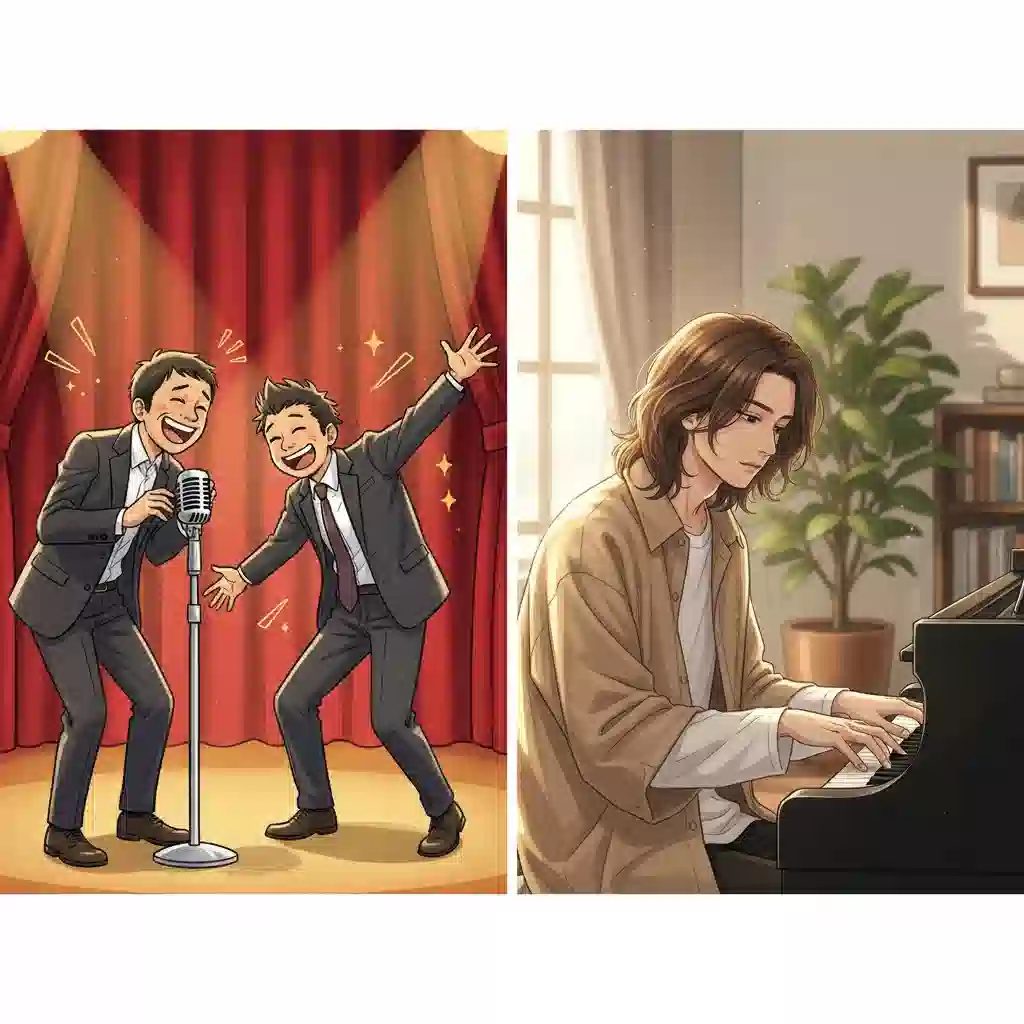 左側に漫才をする千鳥をイメージしたコミカルな芸人、右側にピアノを弾く藤井風をイメージしたスタイリッシュなミュージシャンが描かれた比較イラスト。