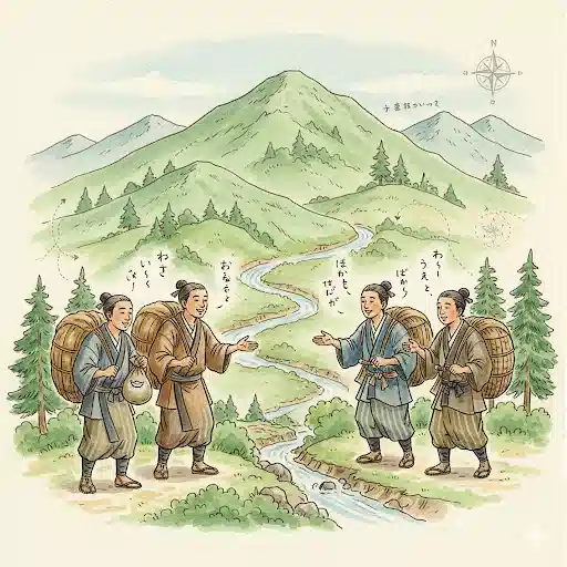 中国山地を越えて人々が交流する昔の様子のイラスト。石見と広島の人々が山道で和やかに出会い、文化が混じり合っていく様子を描いている。