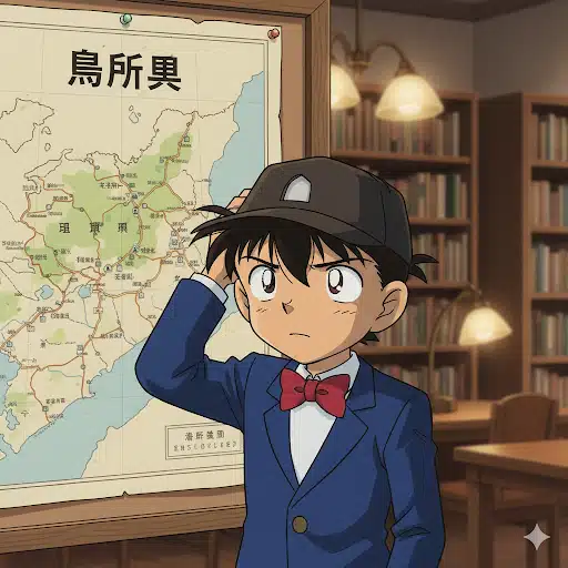 名探偵コナン風の少年が、鳥取県の地図の前で「なぜ鳥取弁を話さないんだろう」と考えているような、困惑した表情を浮かべている画像。