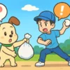 方言による誤解をテーマにしたアイキャッチ画像。ゴミを捨てようとする犬のキャラクターと、それを野球の投球と勘違いしている人物がコミカルに描かれている。