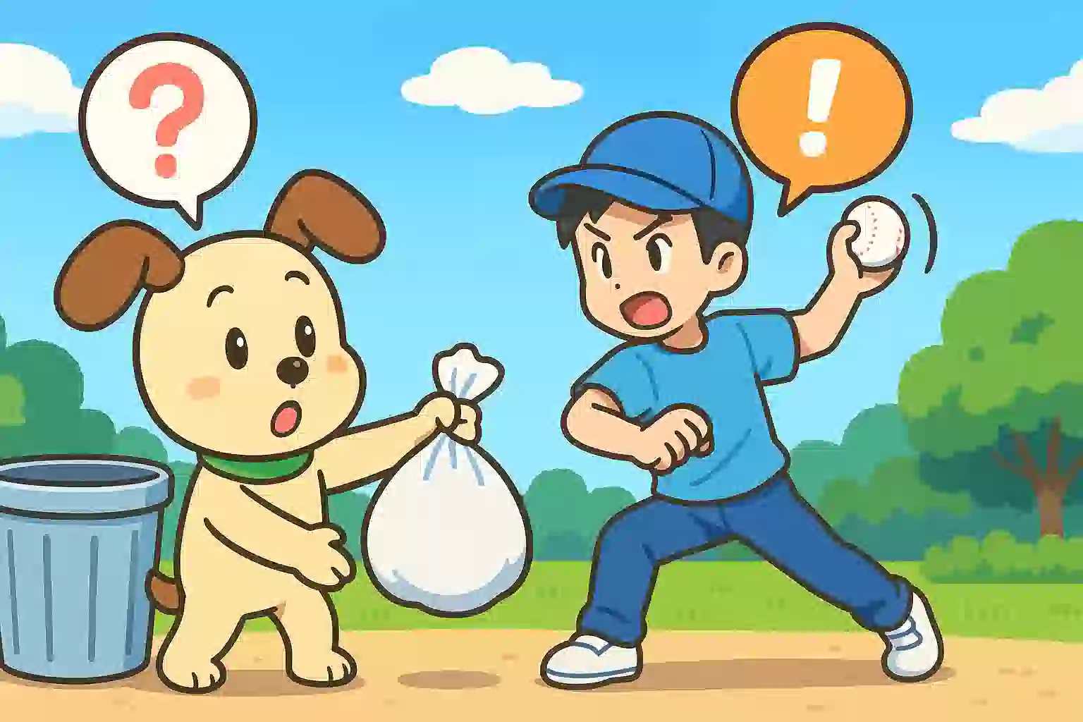 方言による誤解をテーマにしたアイキャッチ画像。ゴミを捨てようとする犬のキャラクターと、それを野球の投球と勘違いしている人物がコミカルに描かれている。