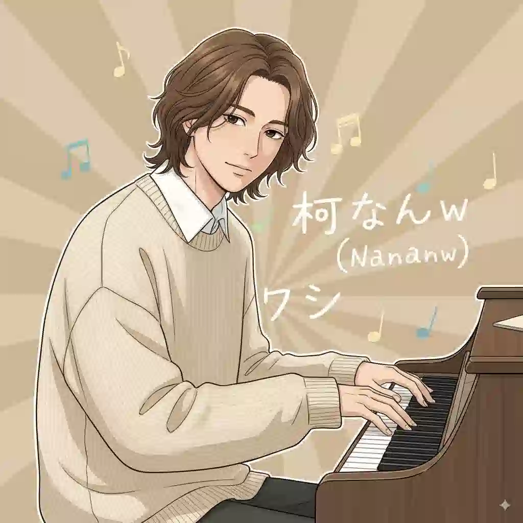 レコードジャケット風のおしゃれなイラスト。藤井風をイメージした男性がピアノを弾いており、周りには「何なんw」といった岡山弁の文字がデザインされている。