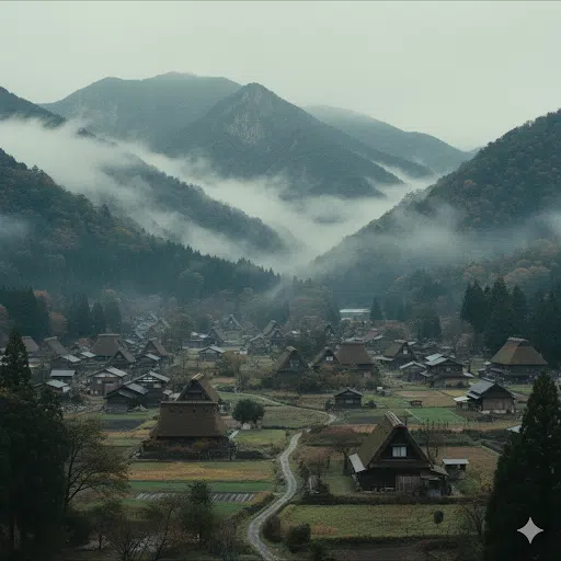 中国山地の奥深く、霧に包まれた isolated な古い集落。険しい山々に囲まれ、古い言葉が残った「地理的隔離説」を象徴する風景。
