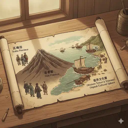古い巻物の上に、古代の「因幡国」と「伯耆国」が山で隔てられている様子と、日本海沿岸の「雲伯文化圏」で人々が船で交流する様子が描かれているイラスト。
