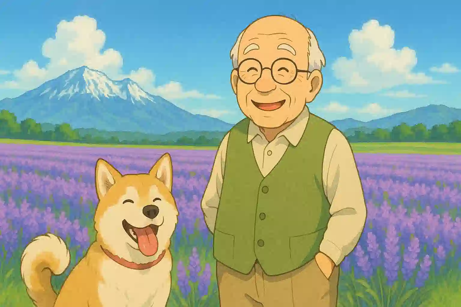 夏の北海道の広大なラベンダー畑を背景に、笑顔の老人と北海道犬が立っている温かみのあるアニメ風イラスト。記事のテーマである北海道弁の魅力を象徴している。