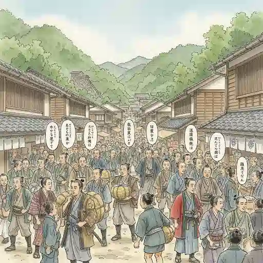 世界遺産・石見銀山の活気あふれる町並みのイラスト。全国から集まった多様な人々が交流し、言葉や文化が混じり合っている様子。
