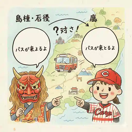 石見弁と広島弁の違いをテーマにしたイラスト。島根と広島の地図を背景に、石見神楽のお面をつけた人とカープの帽子をかぶった人が、それぞれの方言で「バスが来た」状況を話している。
