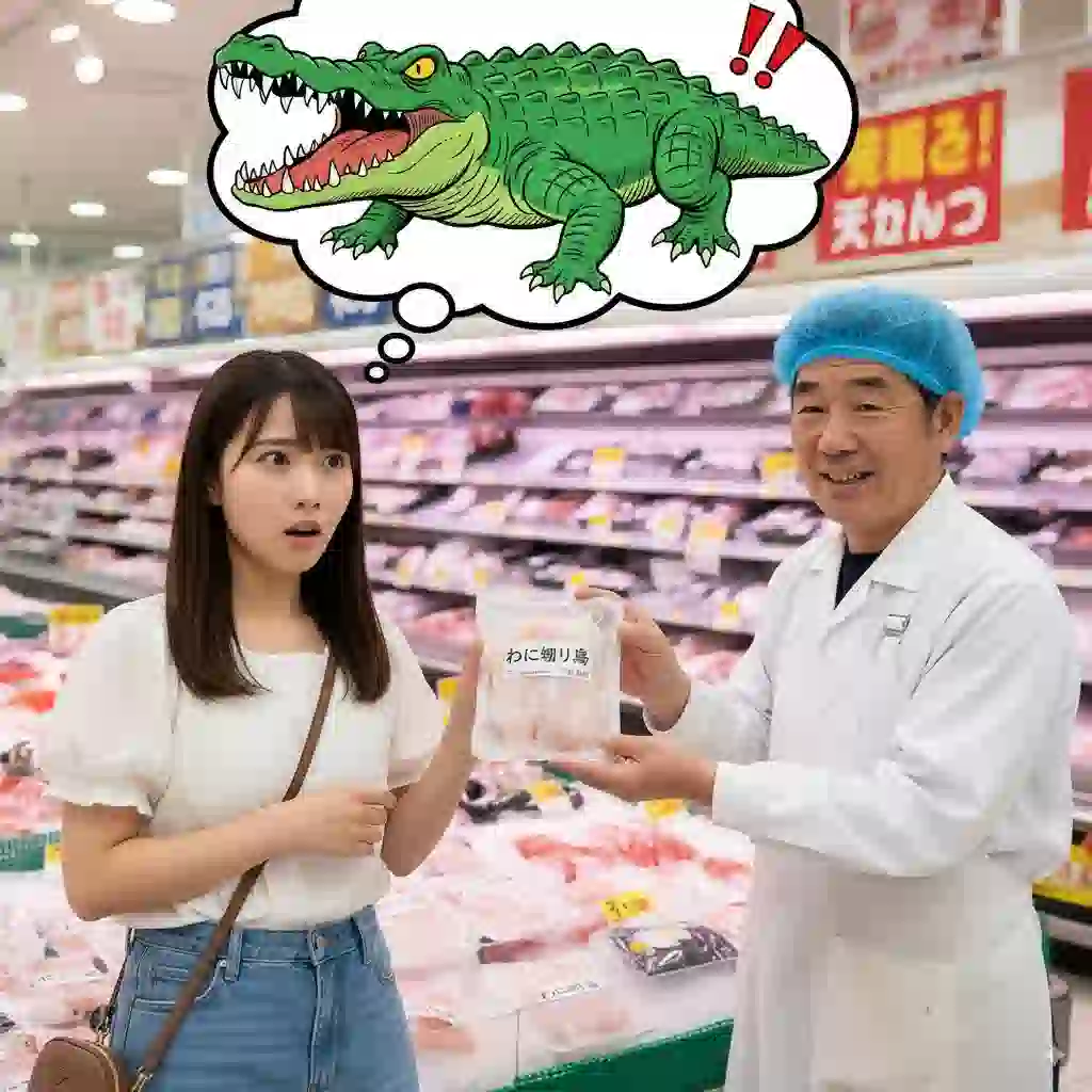 スーパーの鮮魚コーナーで、「わに」という表示を見て爬虫類のワニを想像して驚く女性と、その横で笑顔でサメの切り身を勧める店員。