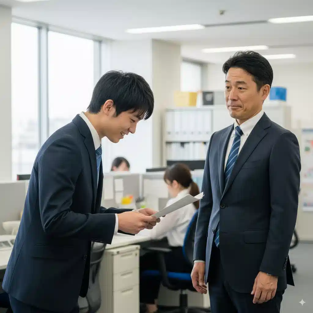 オフィスで、深々とお辞儀をする若手社員と、その丁寧すぎる「喜びます」という言葉に少し戸惑っている先輩社員の様子。