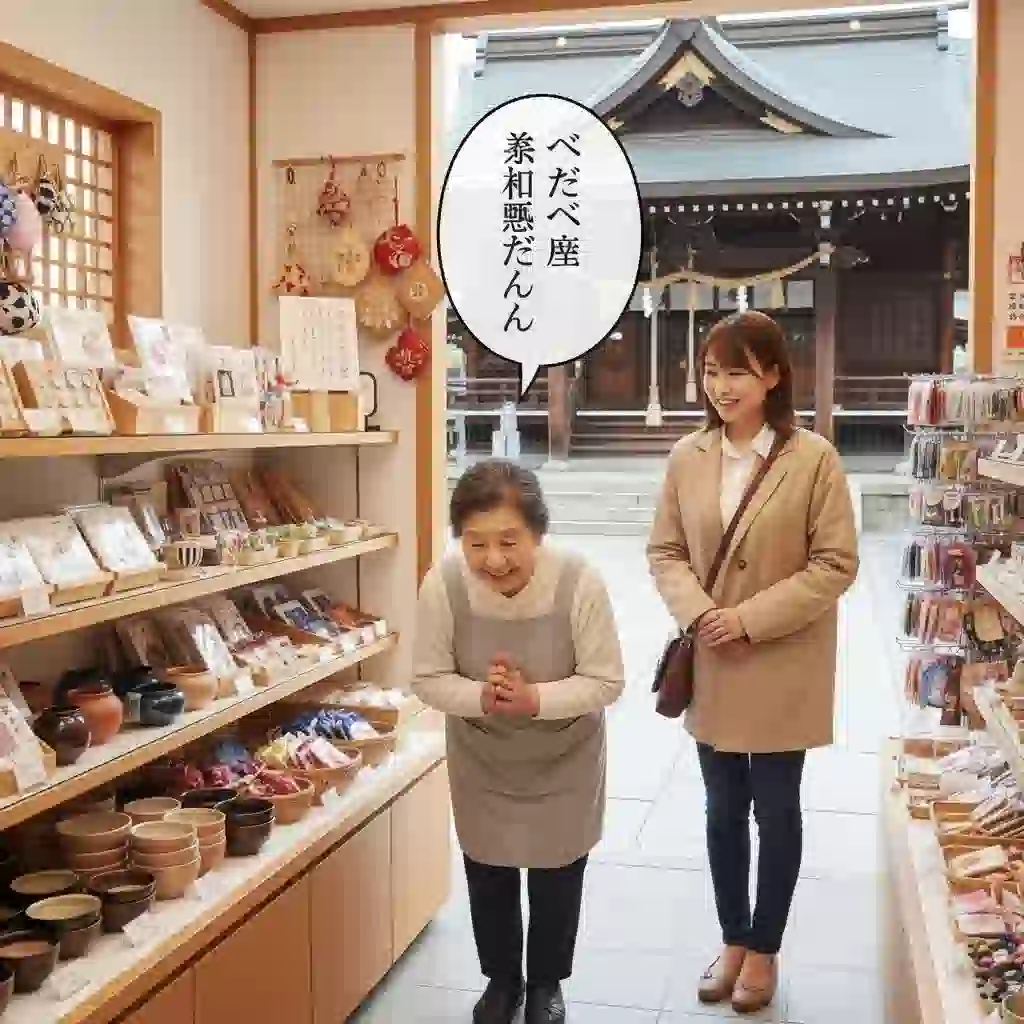 出雲大社の門前町にある土産物屋で、店主の女性が客に対して「べったーべったーだんだん」と最上級の感謝を伝えている心温まる場面。
