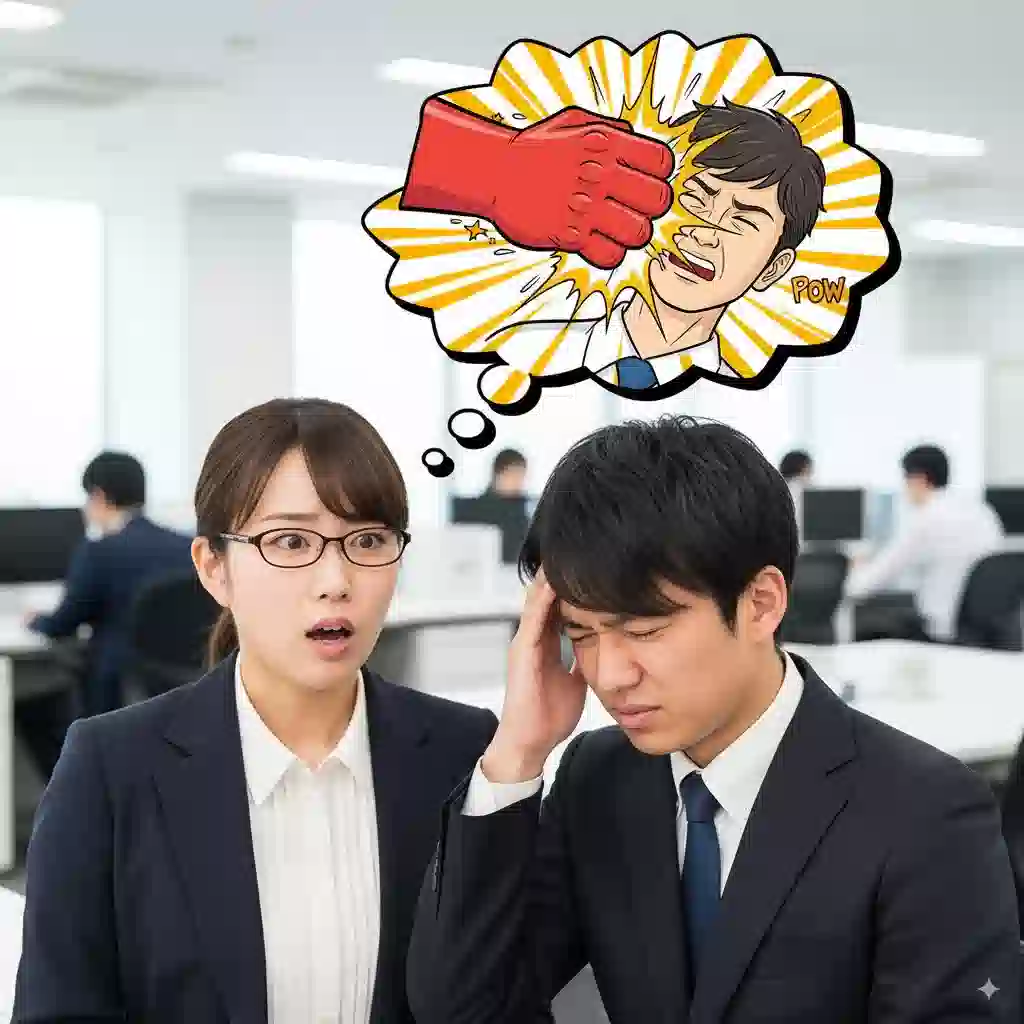 同僚がこめかみを押さえて頭痛に苦しんでいるのを見て、「びんた(平手打ち)されたのでは」と勘違いし、驚いている人物。