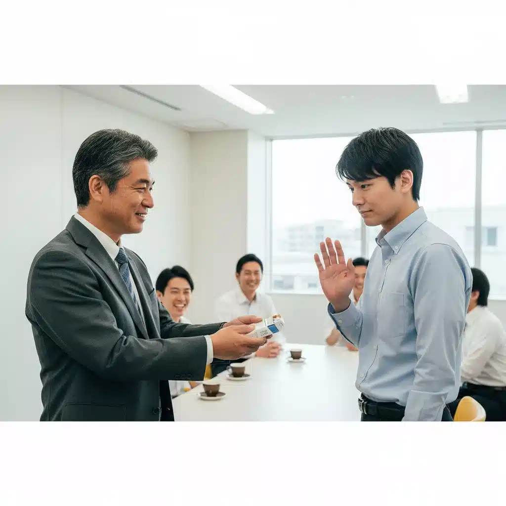 同僚から「たばこする?」と誘われ、喫煙の誘いだと勘違いして断っている非喫煙者の男性。背景では他の社員がコーヒーを飲んで休憩している。
