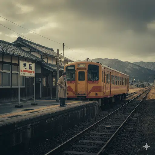 松本清張『砂の器』の聖地、島根県の亀嵩駅。昭和の趣が残る駅舎とホームに、ローカル線が停車しているノスタルジックな風景。