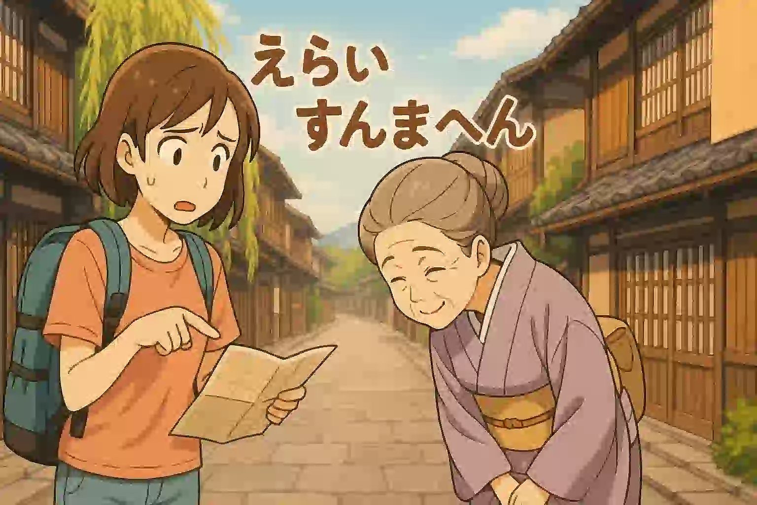京都の町並みを背景に、旅館の女将さんが困った顔の観光客に深々とお辞儀をしているイラスト。「えらいすんまへん」という京阪神の複雑なコミュニケーションを象徴する画像。