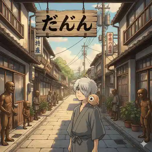 ゲゲゲの鬼太郎風の少年と目玉おやじが、水木しげるロードのような妖怪の銅像が並ぶ通りで、「だんだん」と書かれた看板を見上げている画像。