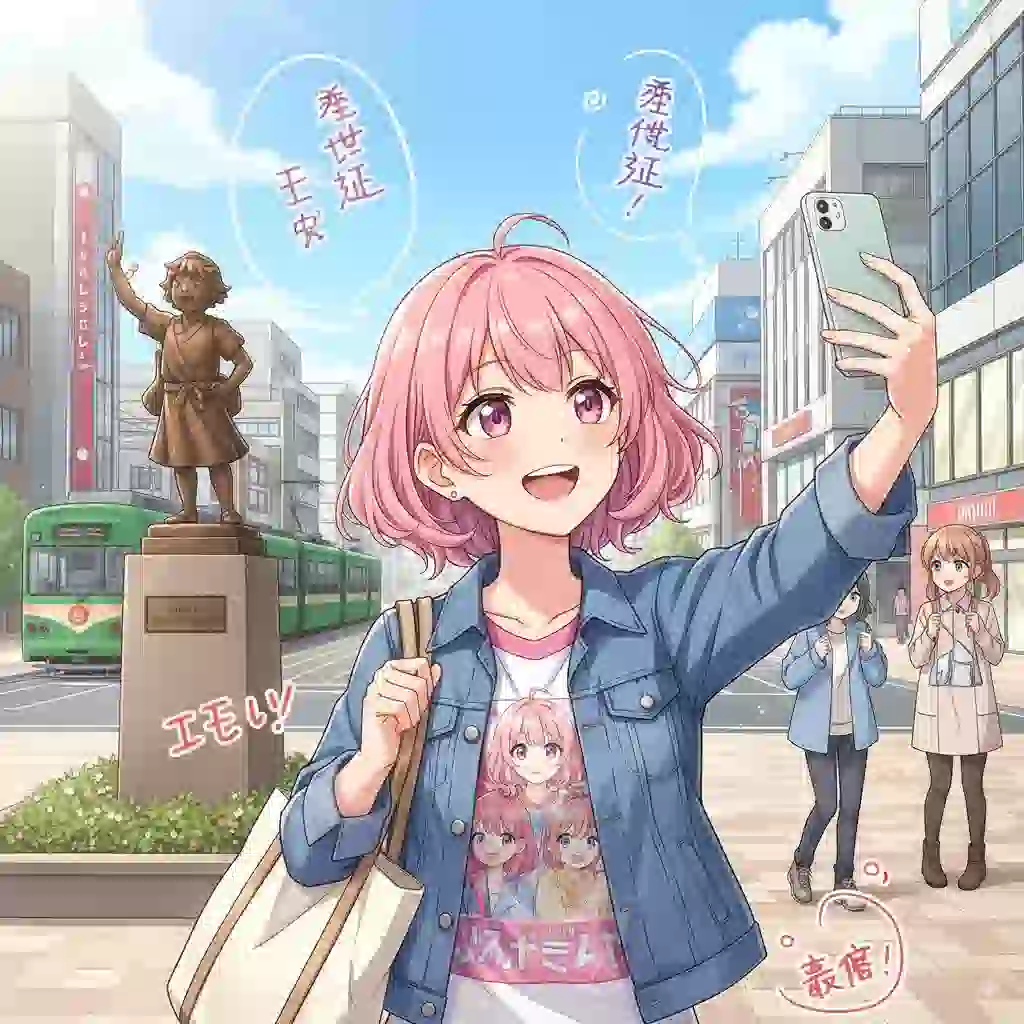 アニメ『推しが武道館いってくれたら死ぬ』の聖地巡礼をイメージしたイラスト。岡山駅前の桃太郎像を背景に、楽しそうなアニメファンの女の子が描かれている。
