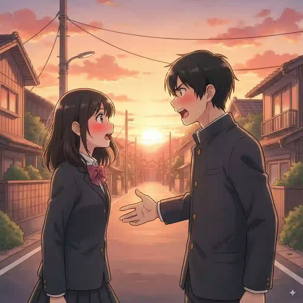 夕暮れの帰り道、男子高校生が「でぇれぇ好きじゃけぇ」と真剣な表情で女子高校生に告白しているシーン。胸キュンな告白フレーズをイメージしたイラスト。