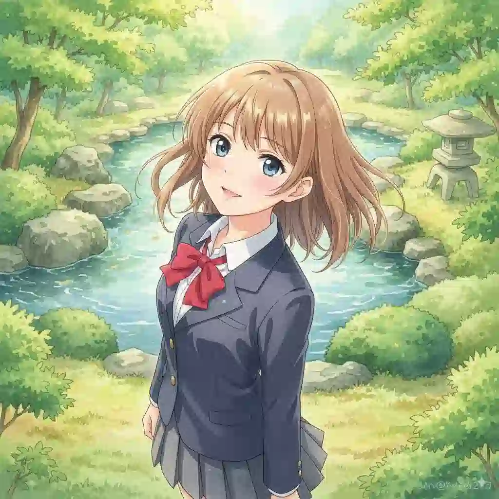 岡山の後楽園のような美しい庭園を背景に、少し照れながら上目遣いで告白する制服の女の子。岡山弁でのかわいい告白をイメージさせるアイキャッチ画像。