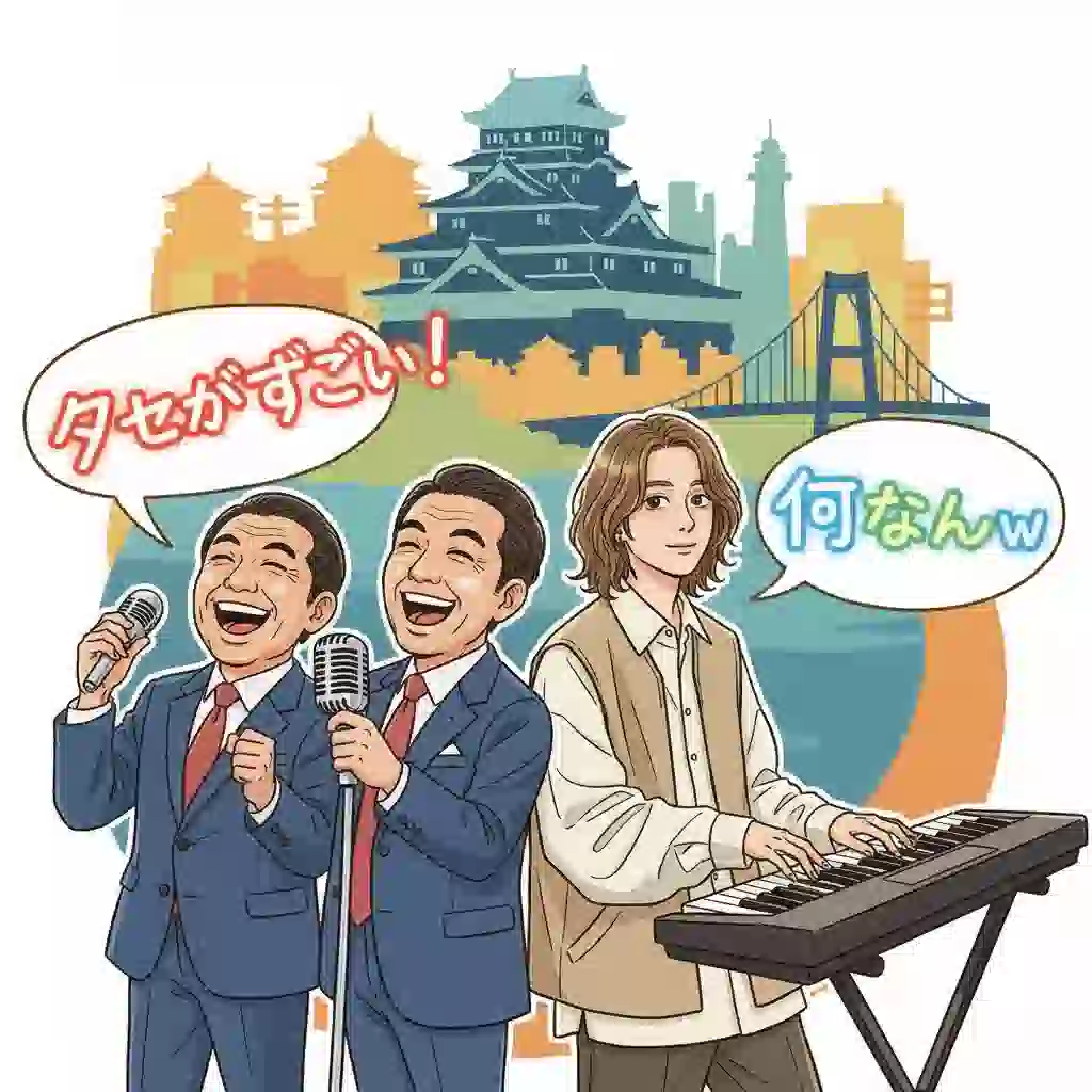 岡山弁を象徴するお笑い芸人とミュージシャンが背中合わせに立つイラスト。背景には岡山城が描かれ、「クセがすごい！」「何なんw」といったフレーズが飛び交っている。