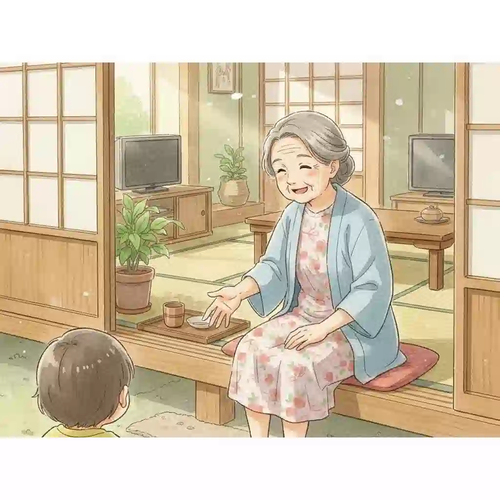 日当たりの良い縁側で、おばあちゃんが孫に「こっちへきんちゃい」と優しく手招きしている温かい日常の風景。岡山弁のかわいらしさを表現したイラスト。