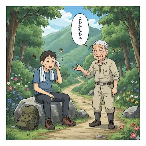  隠岐の山道を登り終えて「こわい（疲れた）」と感じているハイカーと、その様子を見て微笑む島民。方言の意味の違いがコミカルに描かれているイラスト。