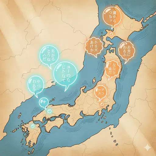 古地図上で、本土と離れた隠岐諸島から独自の吹き出しが浮かび上がっているイラスト。隠岐弁が「言語の島」として独自に進化したことを象徴している。