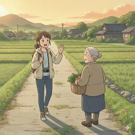 夕暮れの農道で、旅行者の女性が農作業帰りのおばあさんに隠岐弁の「おしまいさん」と声をかけると、おばあさんが優しく微笑み返しているイラスト。