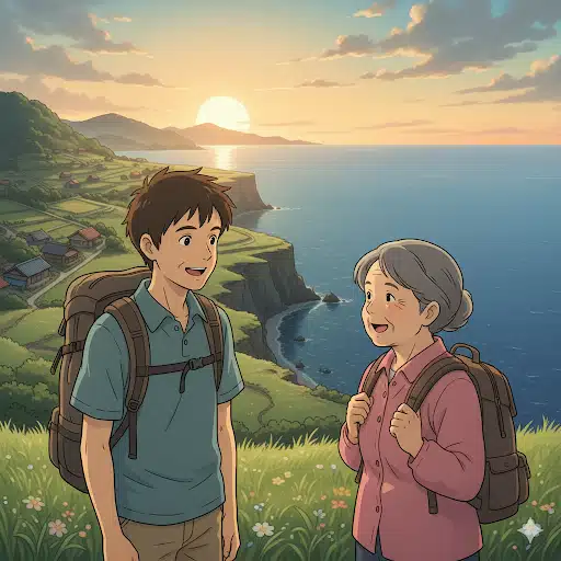 夕暮れの隠岐の島を背景に、旅行者の若者と島の高齢女性が温かい笑顔で挨拶を交わしている。隠岐弁を通じた交流を象徴するイラスト。