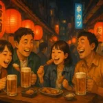 大阪の活気ある路地裏の飲み屋街を描いたイラスト。赤い提灯が灯り、立ち飲みバーで人々が楽しそうに食事をしている様子。