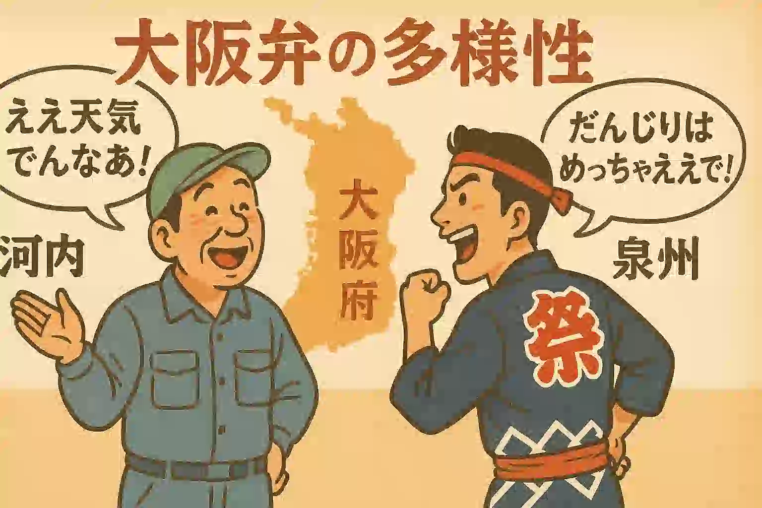大阪の地図を背景に、河内地方の農家の男性と泉州地方の祭りの法被を着た男性が、それぞれの方言で活気よく話しているイラスト。大阪弁の多様性を象徴している。