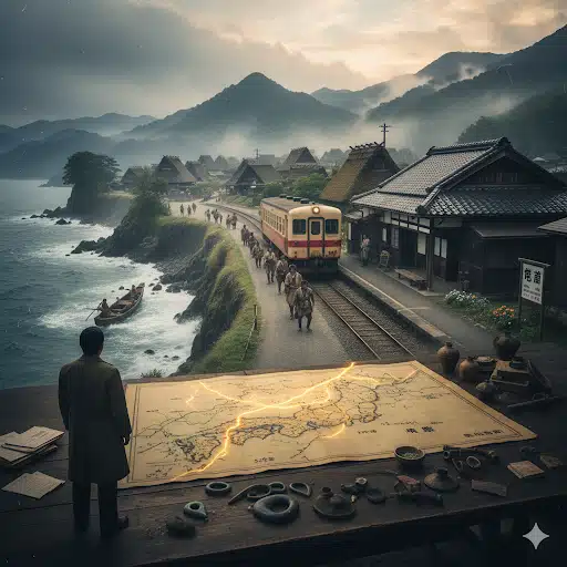 松本清張『砂の器』の謎を象徴するアイキャッチ画像。雪深い東北と島根の亀嵩駅の風景が二重露光で重なり、手前に立つ刑事のシルエットがミステリアスな雰囲気を醸し出している。