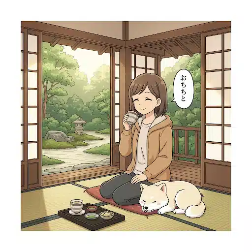 古民家カフェの縁側で、女性旅行者がお茶を飲みながらのんびりとくつろいでいるアニメ風イラスト。「おちらと（ゆっくりと）」という言葉の持つ穏やかな雰囲気を描いている。