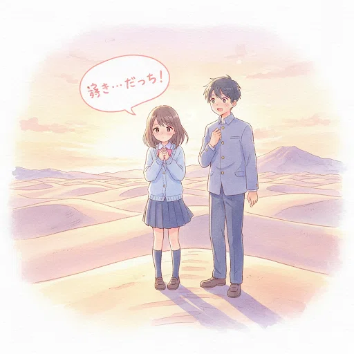 夕暮れの鳥取砂丘を背景に、鳥取弁で告白しようとする女子高校生と、ドキッとしながら彼女を見つめる男子高校生の甘酸っぱいイラストです。