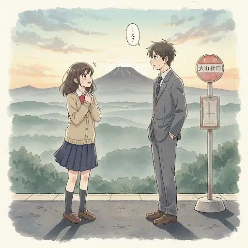 放課後のバス停で、緊張した面持ちで向かい合う高校生の男女。これから鳥取弁での告白が始まることを予感させるイラストです。