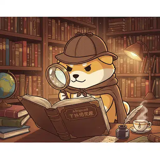 探偵の格好をした犬のキャラクターが、虫眼鏡で分厚い方言の辞書を真剣に調べている。難解な上級編クイズの始まりを表現したイラスト。