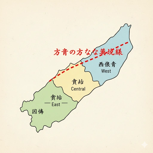 鳥取県の地図が因幡（東部）、倉吉（中部）、西伯耆（西部）の3つのエリアに色分けされている図。中部と西部の間に「方言の大きな境界線」を示す赤い点線が引かれている。