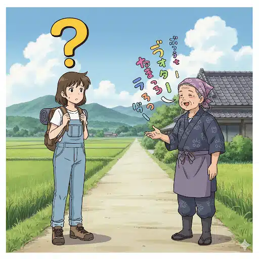 鳥取の農道を舞台に、地元のおばあさんの話す方言が分からず、頭に「?」を浮かべている観光客の女性。鳥取弁クイズ初級編の導入をイメージしたイラスト。