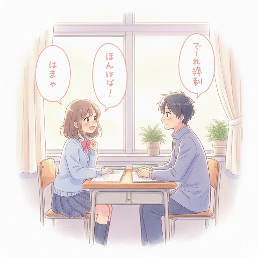 教室の窓辺で、鳥取弁で楽しそうに話す女子生徒と、笑顔で聞いている男子生徒。方言の持つ温かい魅力を表現したイラストです。