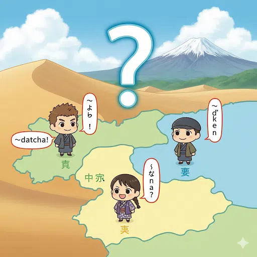 鳥取県の地図が東部・中部・西部の3つに色分けされ、それぞれの方言を話すキャラクターが立っているイラスト。背景には鳥取砂丘と大山が描かれている。