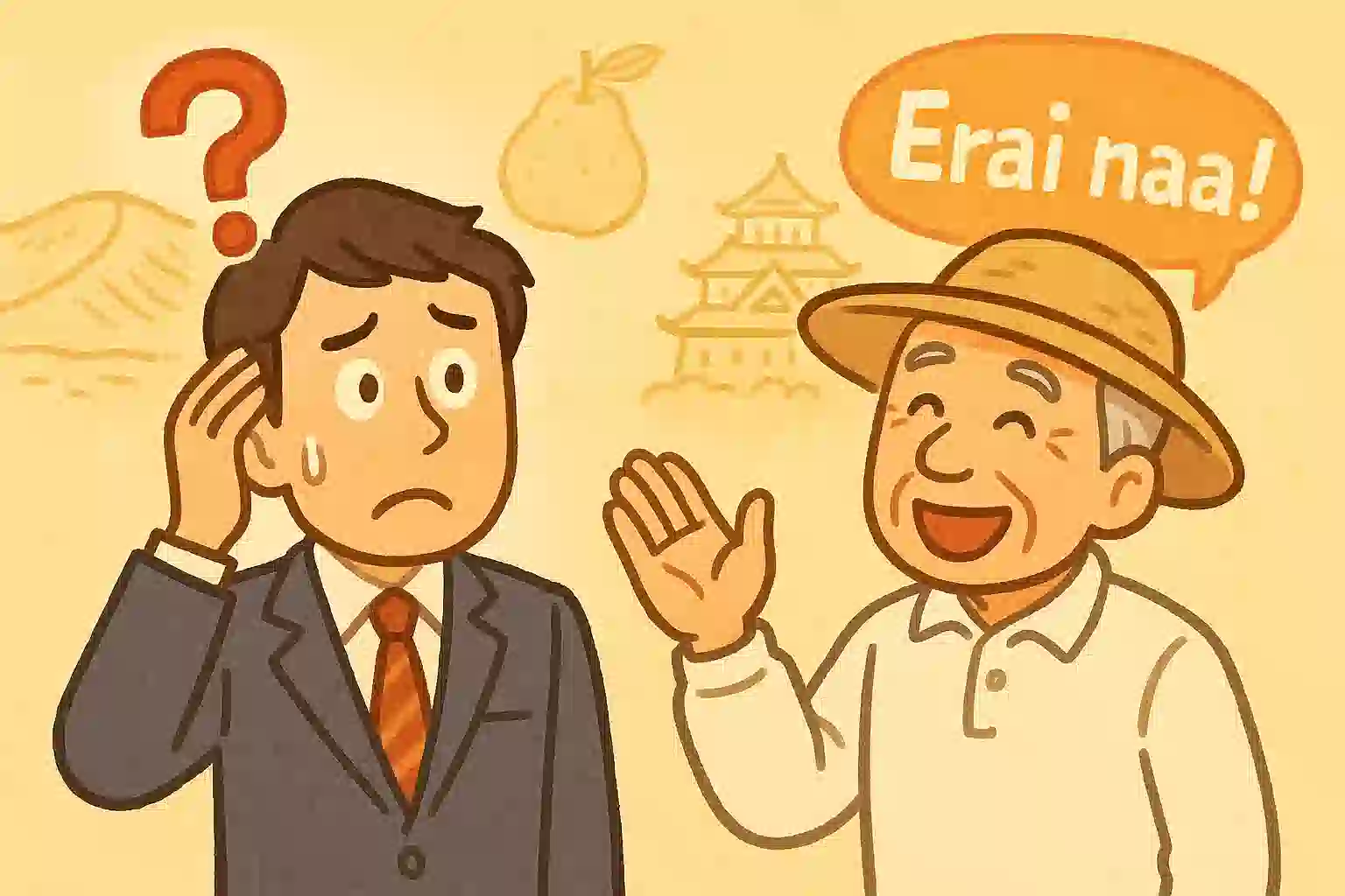 鳥取弁の「えらい」という言葉を聞いて、褒められたと勘違いして戸惑うビジネスマンと、にこやかに話す鳥取県民を描いたコミカルなイラスト。