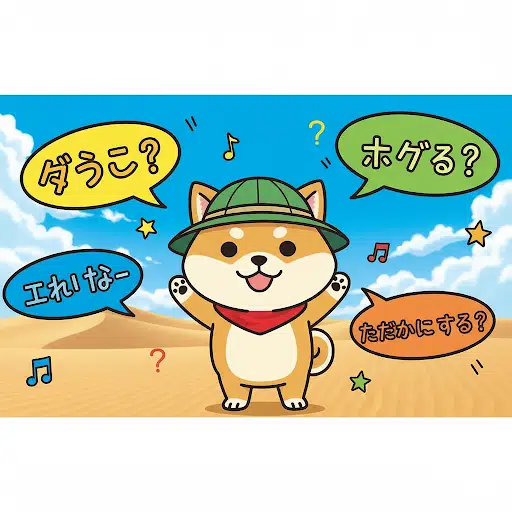 鳥取砂丘を背景に、「だらず？」などの鳥取弁の吹き出しに囲まれて、犬のマスコットキャラクターが笑顔で案内している、鳥取弁クイズのアイキャッチ画像。