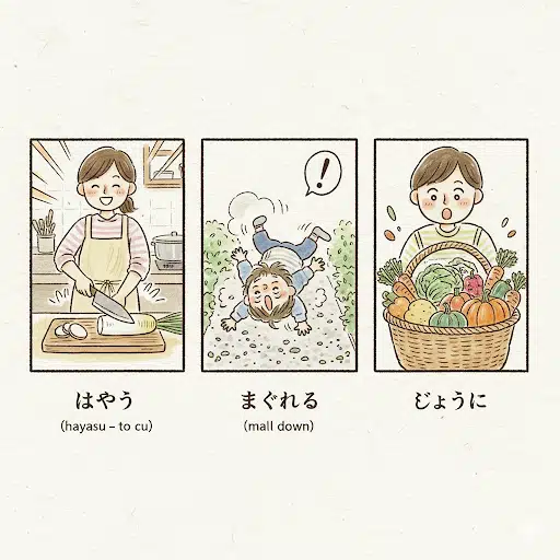 石見弁のユニークな単語を説明する3コマ漫画風イラスト。「はやす(切る)」「まくれる(転ぶ)」「じょうに(たくさん)」のそれぞれの意味をコミカルに描いている。
