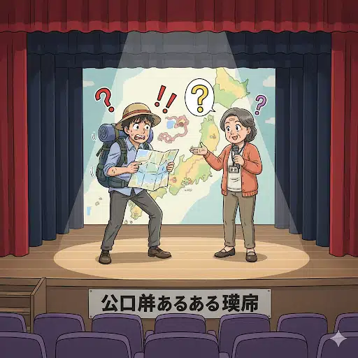 「山口弁あるある劇場」というテーマで、スポットライトが当たる舞台の上で、困惑する旅行者と山口県民がコミカルなポーズをとっているイラスト。