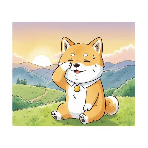 ハイキングを終えて、夕日を背景に「あー、えらい」とヘトヘトに疲れている様子のさんポくん。山口弁「えらい（疲れた）」の意味を表現したイラスト。