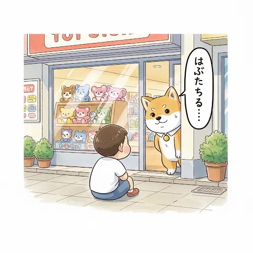おもちゃを買ってもらえず、お店の前でほっぺを膨らませて拗ねている子供。その様子を見て「はぶてちょる」とこっそり呟いているさんポくん。山口弁「はぶてる」を解説するイラスト。
