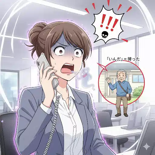 電話口で山口弁の「いんだ(帰った)」を「死んだ」と聞き間違え、顔面蒼白でパニックになっている女性のイラスト。